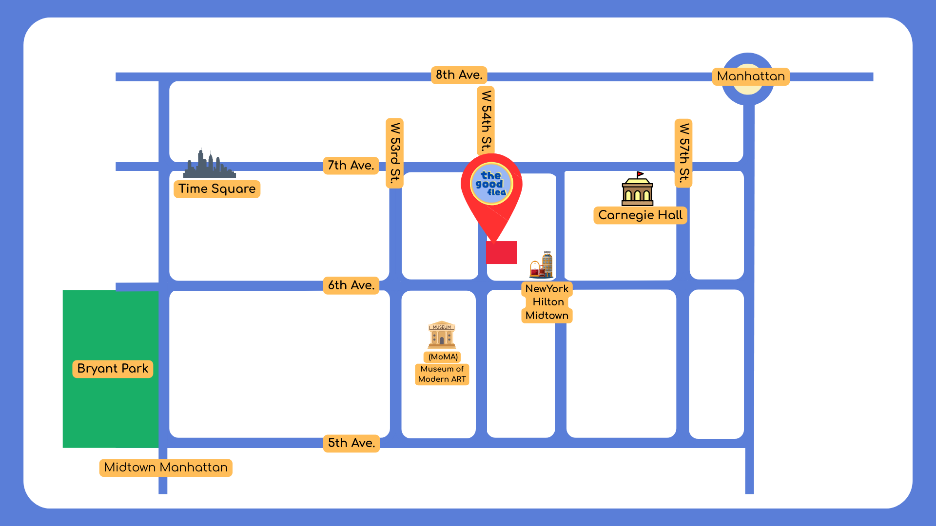 Map showing The Good Flea location at 133 W 54th Street near MoMA and Carnegie Hall in Midtown Manhattan